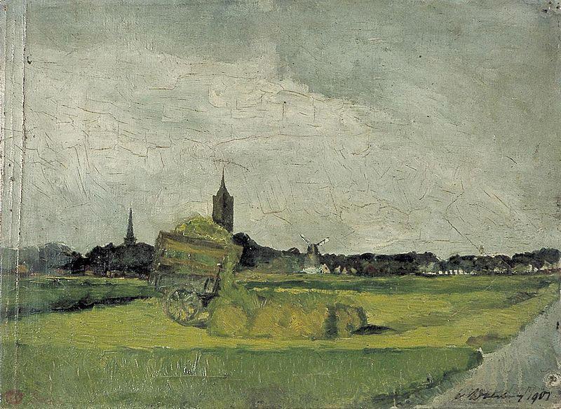 Theo van Doesburg Landschap met hooikar, kerktorens en molen. oil painting image